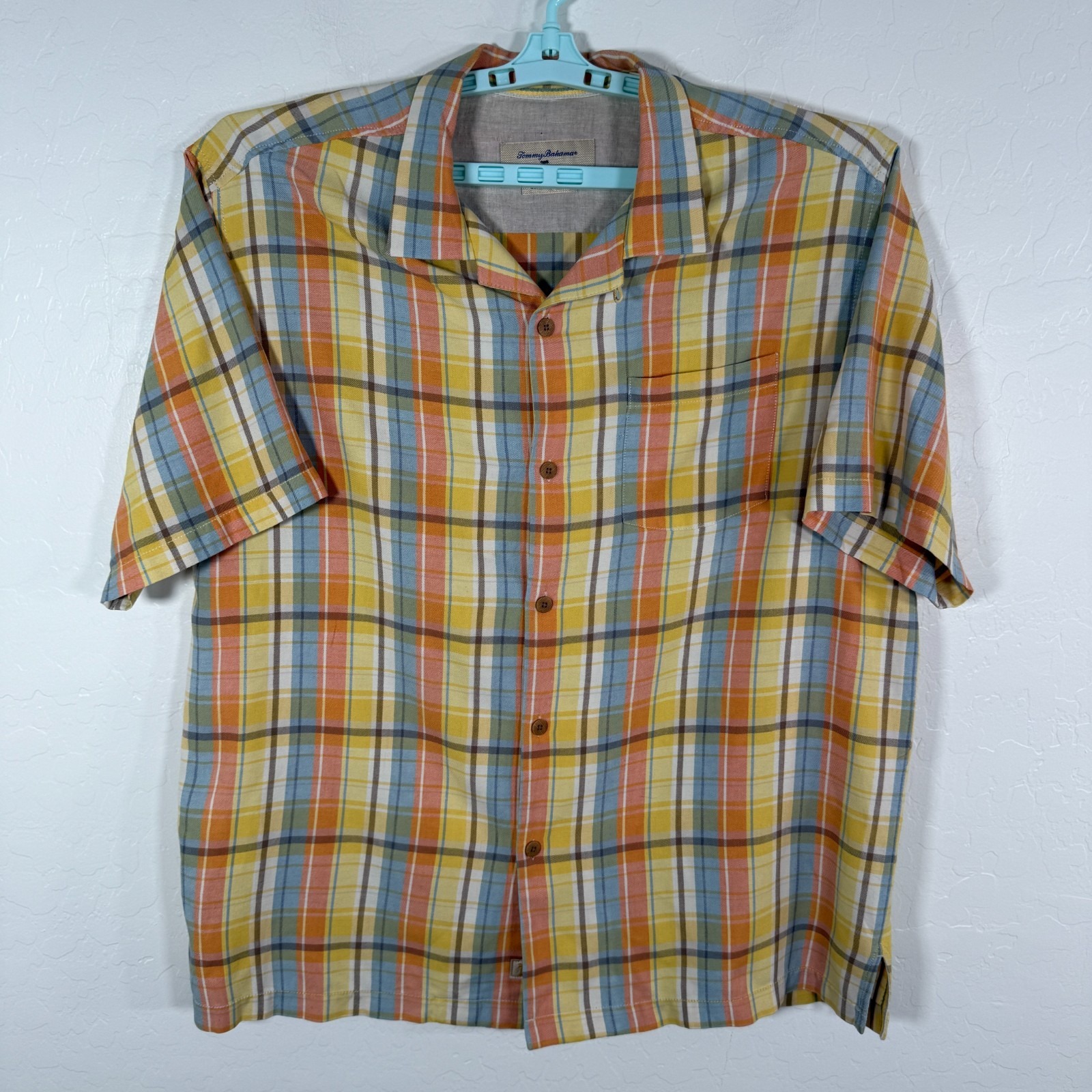 Tommy Bahama Shirt Mens Large Yellow Silk Hawaiian Camp Short Sleeve Plaid